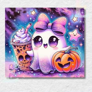 May include: A cute Halloween-themed illustration featuring a smiling ghost with a large bow, a jack-o'-lantern, and a bubble tea drink with a skull design. The background is a starry night sky with hanging stars.