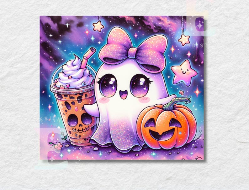May include: A cute Halloween-themed illustration featuring a smiling ghost with a large bow, a jack-o'-lantern, and a bubble tea drink with a skull design. The background is a starry night sky with hanging stars.