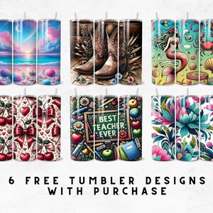 Puede incluir: Seis vasos de acero inoxidable con varios dise&ntilde;os. Los dise&ntilde;os incluyen una escena de playa, botas de vaquero, una sirena, cerezas y lazos, un dise&ntilde;o tem&aacute;tico de profesor con el texto "Best Teacher Ever" y estampados florales. Cada vaso tiene una pajita.