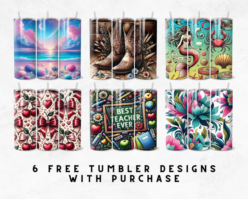 Puede incluir: Seis vasos de acero inoxidable con varios dise&ntilde;os. Los dise&ntilde;os incluyen una escena de playa, botas de vaquero, una sirena, cerezas y lazos, un dise&ntilde;o tem&aacute;tico de profesor con el texto "Best Teacher Ever" y estampados florales. Cada vaso tiene una pajita.