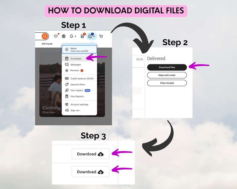 May include: A step-by-step guide on how to download digital files. The image shows three steps: navigating to purchases, clicking "Download files," and then clicking the "Download" button. The text "HOW TO DOWNLOAD DIGITAL FILES" is at the top.