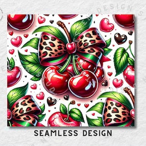 Puede incluir: Dise&ntilde;o sin costuras con cerezas rojas brillantes, hojas verdes y lazos con estampado de leopardo. Acentos de coraz&oacute;n rosa y negro sobre un fondo blanco. El texto "SEAMLESS DESIGN" est&aacute; en la parte inferior.