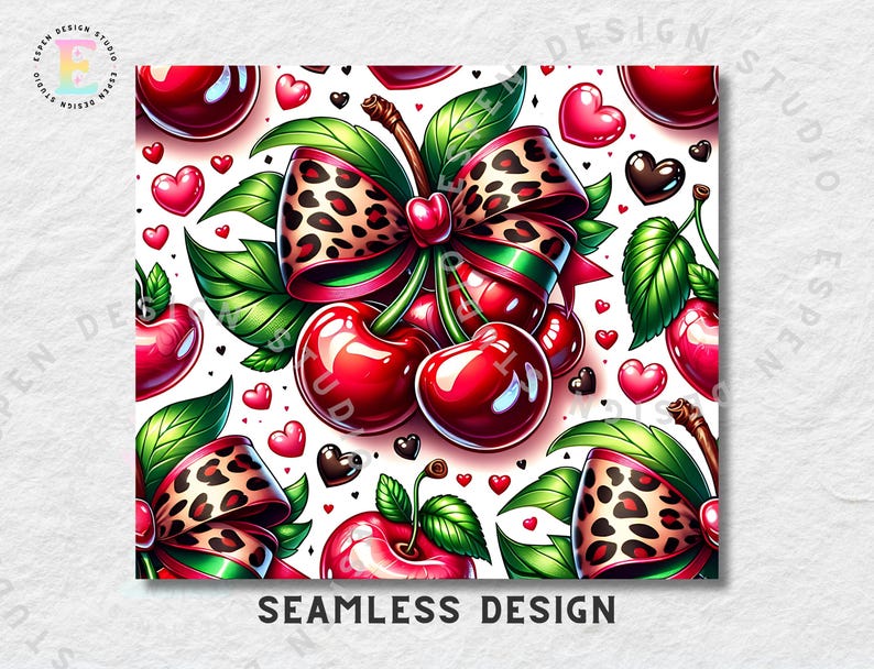 Puede incluir: Dise&ntilde;o sin costuras con cerezas rojas brillantes, hojas verdes y lazos con estampado de leopardo. Acentos de coraz&oacute;n rosa y negro sobre un fondo blanco. El texto "SEAMLESS DESIGN" est&aacute; en la parte inferior.