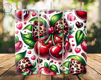 Cherry and Cheetah Tumbler wrap, Leopard Print Coquette 20oz Skinny Tumbler Sublimation Design, Coquette Cherry Digital Download PNG