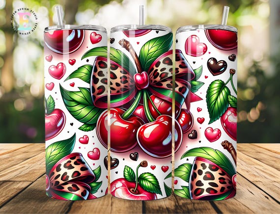 Cherry and Cheetah Tumbler wrap, Leopard Print Coquette 20oz Skinny Tumbler Sublimation Design, Coquette Cherry Digital Download PNG