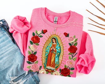 Faux Embroidered Virgen de Guadalupe PNG | Gift for Catholics | Roses PNG | Virgin Mary PNG | Tshirt Sublimation Design