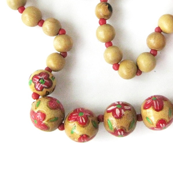 Vintage Wood Necklace with Carved and Painted Beads, Red Flowers, Novelty Jewelry, Single Strand Necklace, Costume Jewelry, Gift for Her