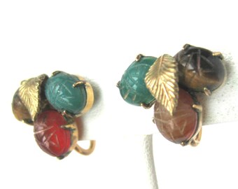 Vintage Egyptian Revival Scarab Earrings: Multi Gemstone 12k GF