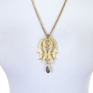 Vintage Lisner Statement Pendant Gold-TonePendant with Dangle Drop, Scroll Shaped Pendant, Etched Gold Finish, Sixties Jewelry, Necklace