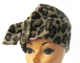 Vintage 1950s Leopard Hat, Rockabilly Hat, Women's Faux Fur Hat in Exotic Animal Print, Hollywood Glamour, Vegan, Audrey Style Hat
