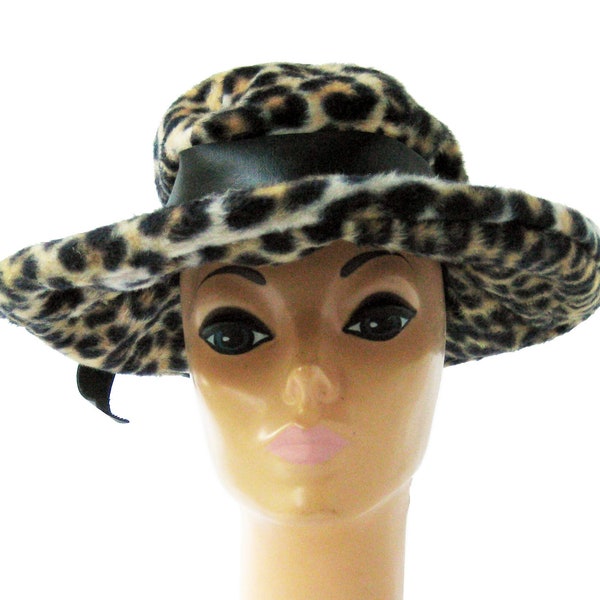Leopard Fur Floppy Hat with Wide Floppy Brim, 1950s 1960s Women's Faux Fur Hat, Exotic Animal Print, Vegan Hat