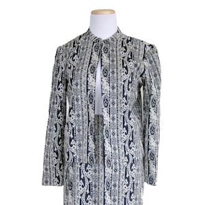 Kensington London Knit Vintage Suit, 1960s Skirt and Blazer in Dark Navy Blue and Gray Architectural Print, Bracelet Sleeves, Made in USA