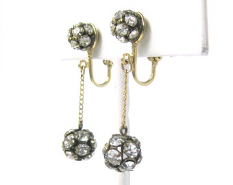 Vintage Dangling Rhinestone Earrings, Dangling Ball Earrings, Glamour Girl, Sparkly Rhinestones, Modern Bride Jewelry, Clip on Earrings