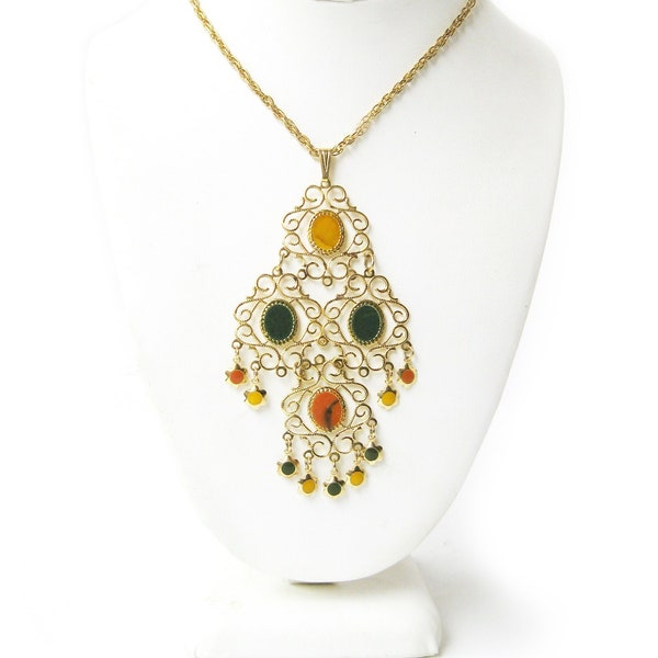 Vintage 1970s Gold Tone Filigree Pendant with Colorful Enamel, Signed Celebrity NY, Statement Necklace, Boho Chic, Gypsy Style, Gift for Her