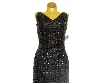 1960s Sequin and Lace Bombshell Wiggle Dress, Little Black Dress, NOS with Tags, Anne Barry Jr, Pin-Up Style, Pencil Cocktail Dress