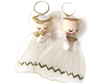Vintage Christmas Angel with Wired Tulle Wings Spun Cotton Head and Felt Gown