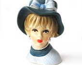 Napcoware C7496 Doris Day 9 quot Head Vase with Pearl Necklace and Pearl Earrings, Red Lipstick, Matte Glaze, Made in Japan, Foil Sticker