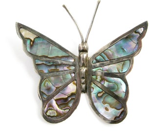 Large Abalone and Sterling Silver Butterfly Brooch, Signed Mother of Pearl Mexico Silver Pin, Handcrafted Sterling Jewelry, Gift for Her