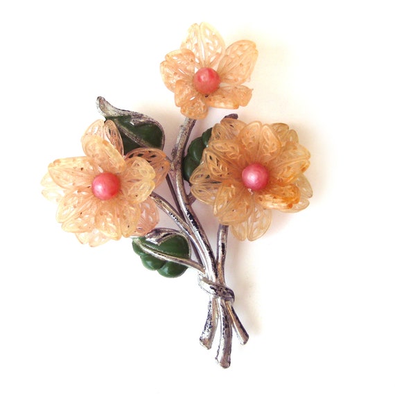 Vintage Floral Brooch, Pressed Metal Brooch with … - image 1