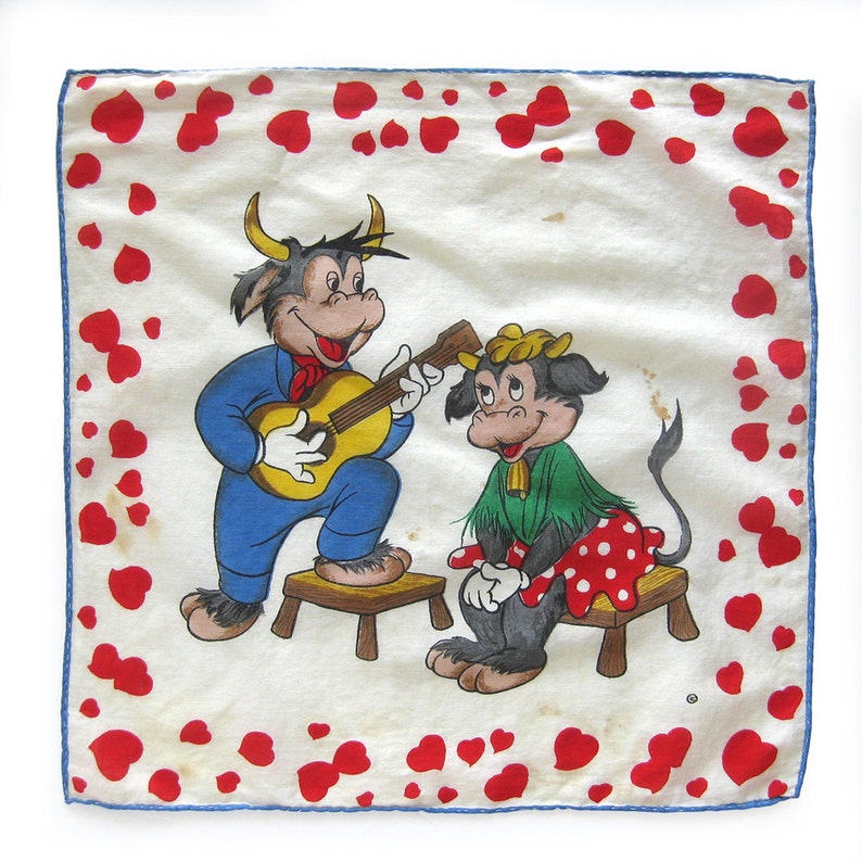 Pair of Vintage Cotton Handkerchief Bull Illustrations Child Print 1950s Cotton Hankies