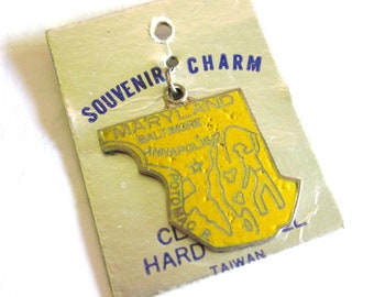 Enamel State Charms for Bracelet, Maryland State Map Charm, Travel Souvenir, Unused Charm on Original Cards, Baltimore, Annapolis