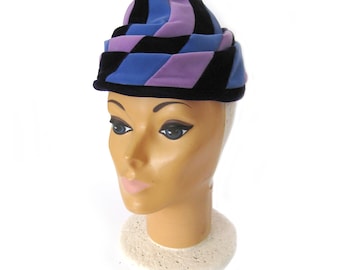 1950s Striped Vintage Cloche Hat, Women&#39;s Fashion Hat, Purple, Lavender and Velvet Tyrollean Hat, Lewees Philadelphia /  Size 21