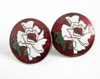 Floral Enamel Earrings / Enamel Cloisonne Flower Earrings / Red and White Screw Back Earrings / Vintage Jewelry / Gift for Her