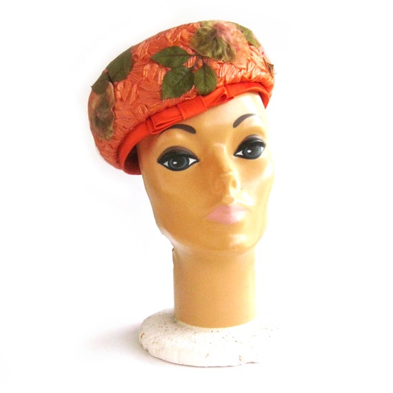 1950s Floral Netted Hat in Bright Orange and Gree… - image 1