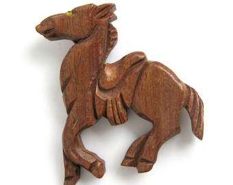 Large Wood Horse Brooch Pin, Figural Pin, Hand Carved Rodeo Horse, Cowgirl Style, Rancho Style, Horse with Saddle, Vintage Jewelry