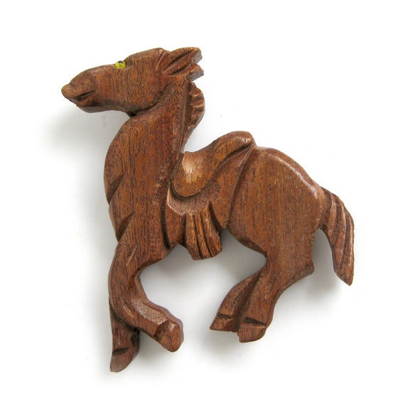 Large Wood Horse Brooch Pin, Figural Pin, Hand Ca… - image 1