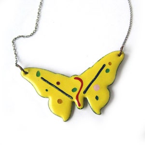Copper Enamel Butterfly Necklace on a Silver Chain, Studio Art Butterfly, Vintage Necklace, Yellow Butterfly Pendant, Gift for Her