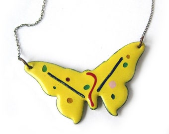Copper Enamel Butterfly Necklace on a Silver Chain, Studio Art Butterfly, Vintage Necklace, Yellow Butterfly Pendant, Gift for Her