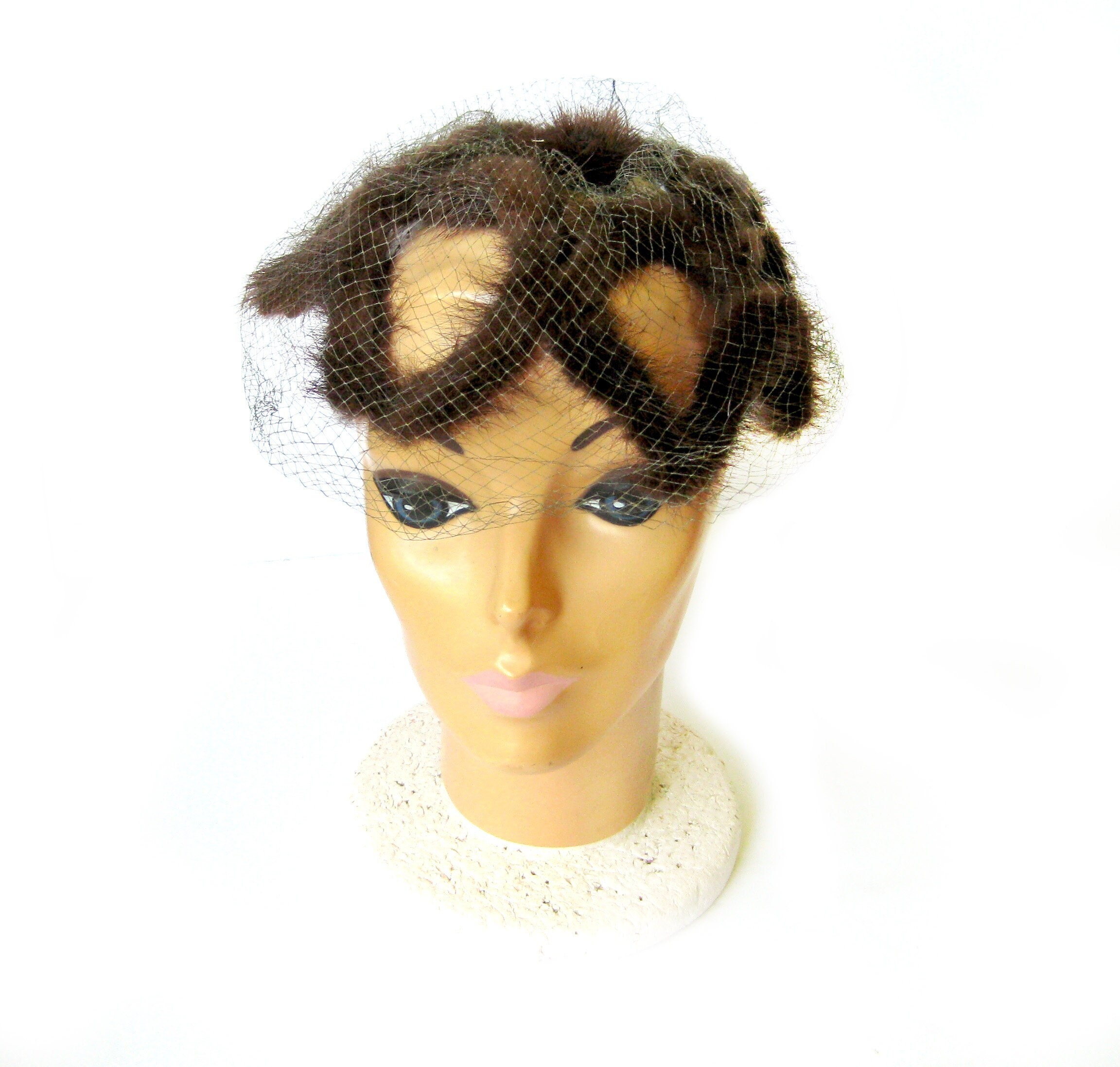 Vintage 1950s Fur Hat Brown Circle Veiled Cap Vintage 1950 main image 3