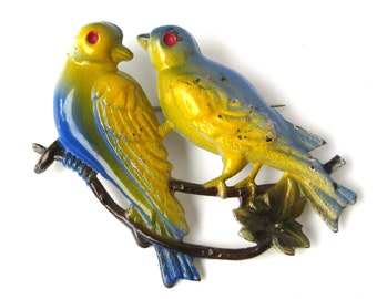 Vintage Love Birds Brooch, Enamel Jewelry, Vintage Novelty Brooch, Costume Jewelry, Rare 1940s Collectible Jewelry, Blue and Yellow Birds