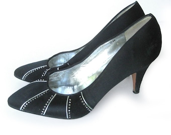 Woman's Vintage Shoes, Black Satin and Suede Pumps with Rhinestones, High Heels for Formal Occasion, Made in Italy