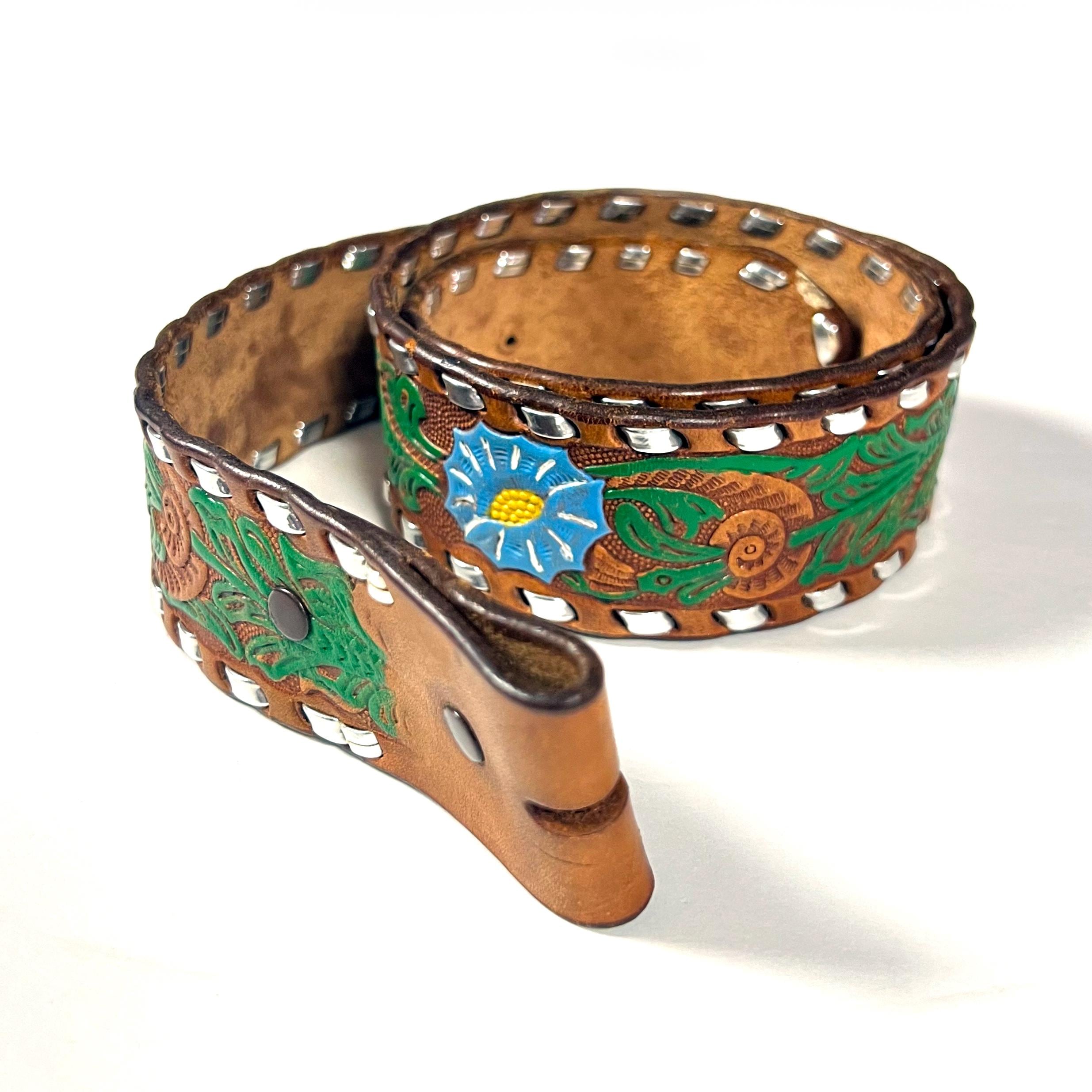 Tooled Leather Western Belt, Blue Morning Glory, Brown 