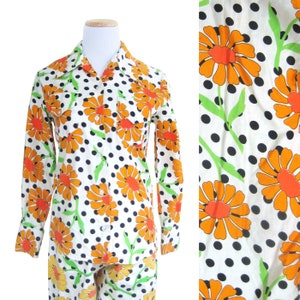Bright MOD Floral Pants and Blouse, Capri Pants, Orange Flowers, Black and White Polka Dots, 100% Cotton, Made in Japan, Size 12