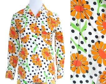 Bright MOD Floral Pants and Blouse, Capri Pants, Orange Flowers, Black and White Polka Dots, 100% Cotton, Made in Japan, Size 12