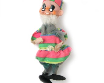 Vintage Grandpa Shelf Elf with Rubber Face, Eyeglasses and Beard, Retro Christmas Decor, Hot Pink and Green Striped Top, Made in Japan Tag