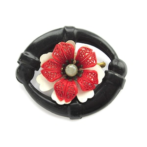 1940s FLORAL Celluloid Brooch, Red and Black Oval Pin, Vintage Floral Jewelry, Old Plastic, Feminine Costume Jewelry,