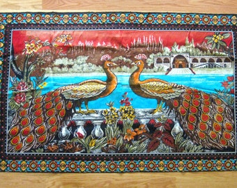 Vintage Peacock Pattern Tapestry Wall Art 100% Cotton, Made in Turkey, Seventies Style, Bed Throw or Mat, India, Peacock Feathers, 58 x 35"