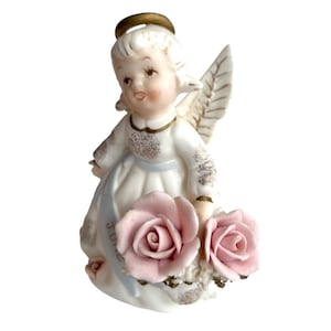 Vintage JUNE Birthday Angel Figurine with Pink Roses, Gold Angel Wings, Basket of Flowers, 1950s Lefton Angel, Gift for Her, Lefton 3332