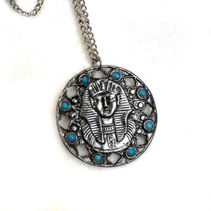 Vintage King Tut Pendant Necklace: Egyptian Revival Medallion with Faux Turquoise