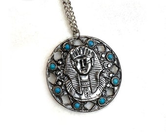 Vintage King Tut Pendant Necklace: Egyptian Revival Medallion with Faux Turquoise