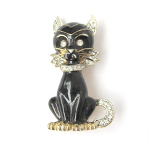 Vintage CAT Brooch, Black Enamel Cat Pin with Rhinestone Accents and Whiskers, Figural Costume Jewelry, Gift for Her / Crazy Cat Lady