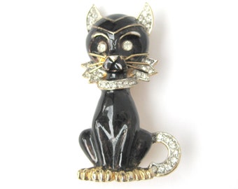 Vintage CAT Brooch, Black Enamel Cat Pin with Rhinestone Accents and Whiskers, Figural Costume Jewelry, Gift for Her / Crazy Cat Lady