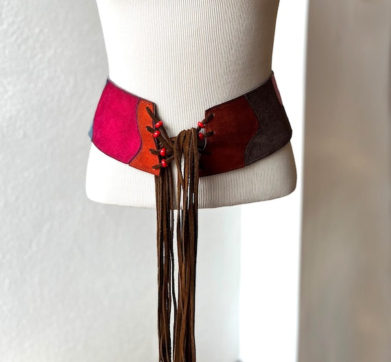 Vintage Patchwork Suede Leather Belt: Beaded Frin… - image 4