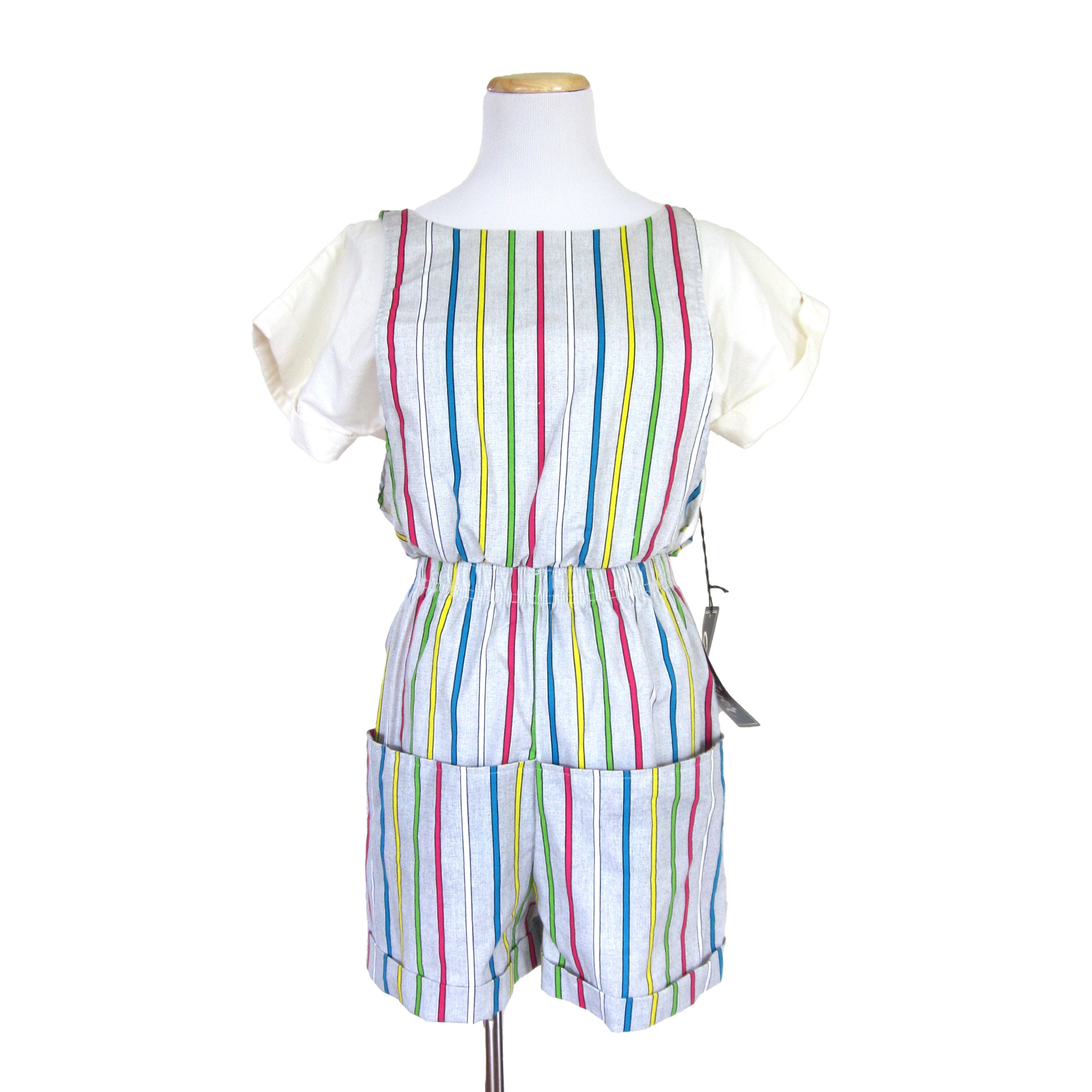 Vintage Romper With Large Pockets, Striped Cotton Jumpsuit