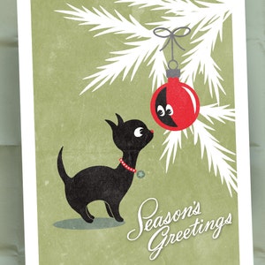 Vintage Holiday Cards, Christmas Cards: Black Cat with Ornament, Set of 20