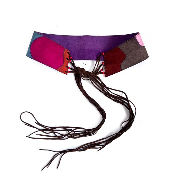 Vintage Patchwork Suede Leather Belt: Beaded Frin… - image 6